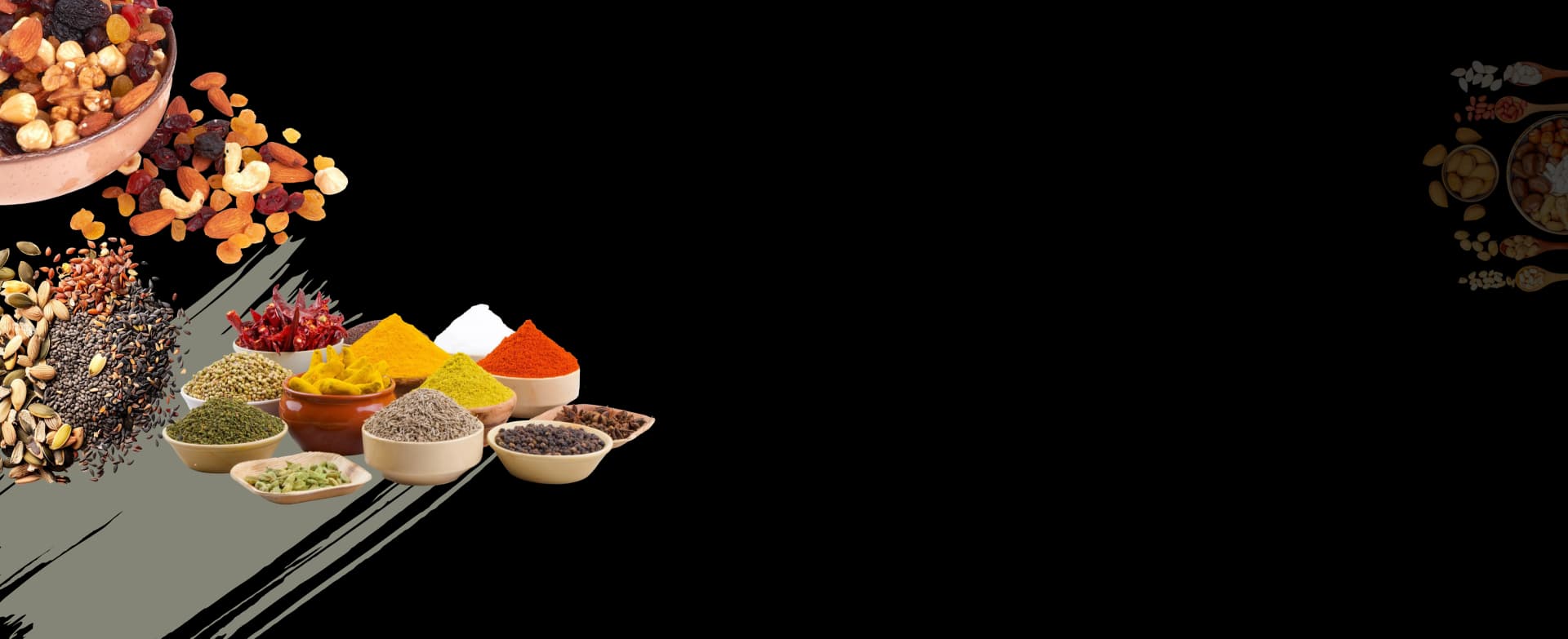 A selection of nuts, seeds, dry fruits and spices