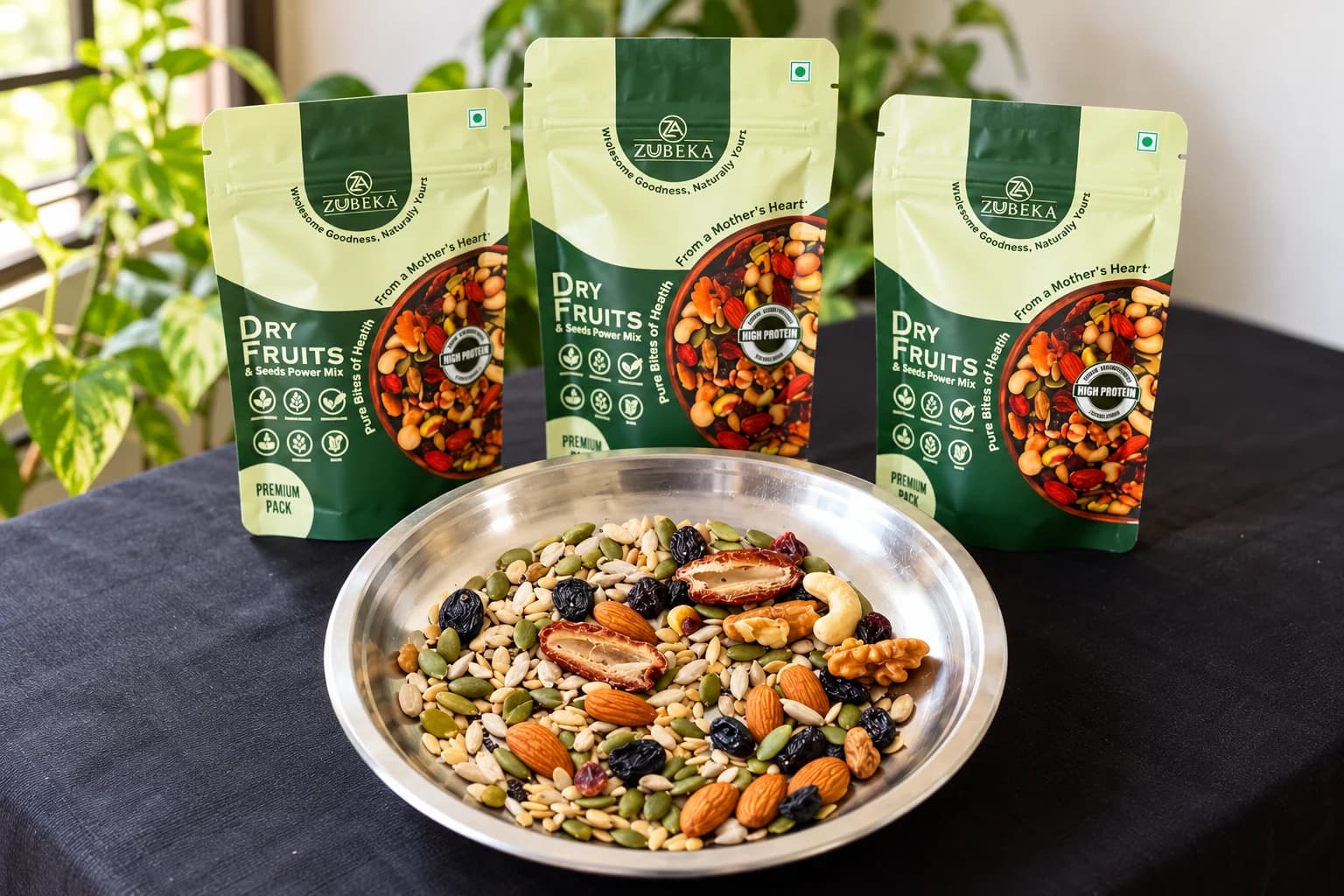 Zubeka daily pouches with a steel bowl of nuts, seeds and dry fruits