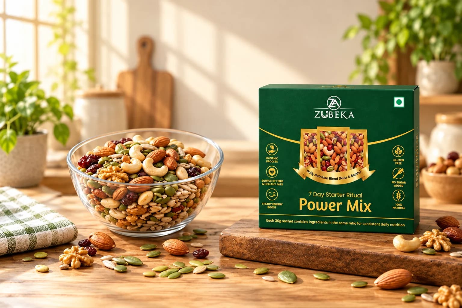 A glass bowl of homemade nut mix beside a Zubeka Power Mix box