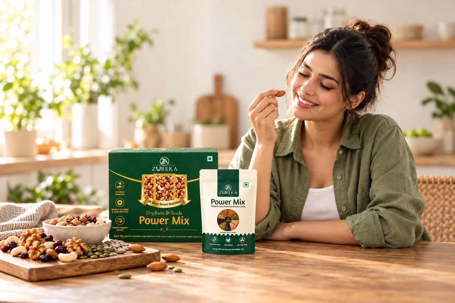 Indian woman enjoying an almond beside Zubeka packs in a sunlit kitchen
