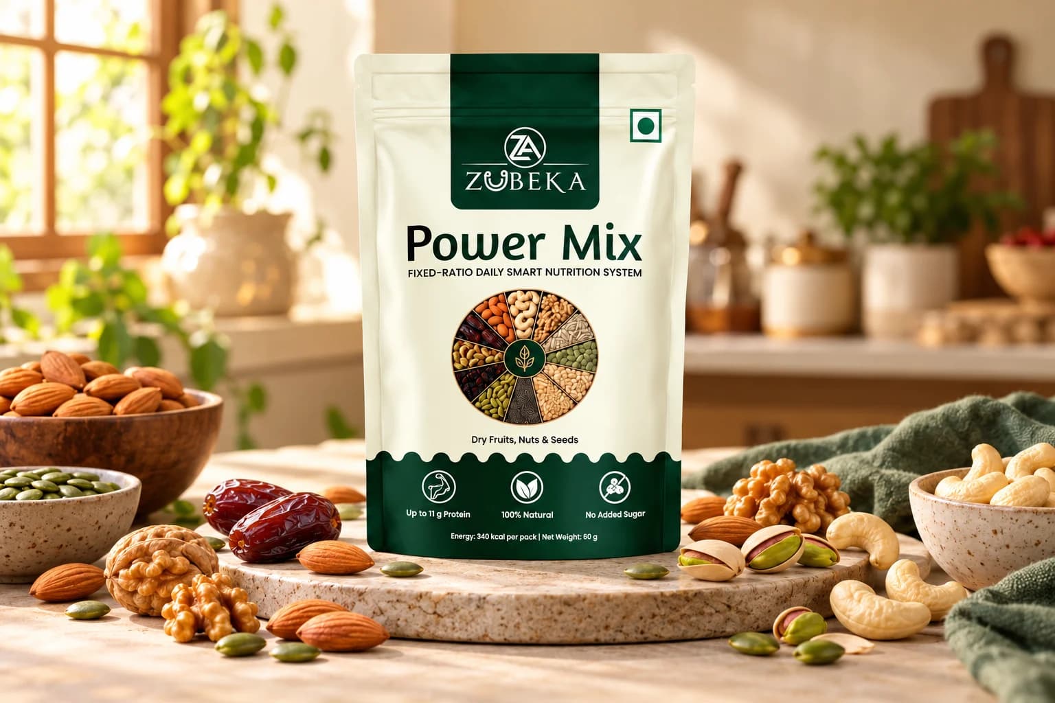 Zubeka Power Mix pouch surrounded by nuts, seeds and dry fruits